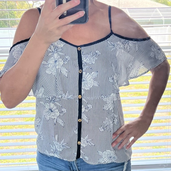 Cold Shoulder Striped Floral Blouse Large - Picture 1 of 2